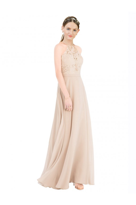 Wholesale Keyhole Back Champagne A-Line High Neck Long Prom Dress Canada