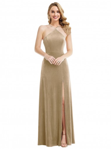 Wholesale Open Back Champagne A-Line High Neck Long Prom Dress Canada