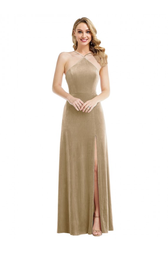 Wholesale Open Back Champagne A-Line High Neck Long Prom Dress Canada