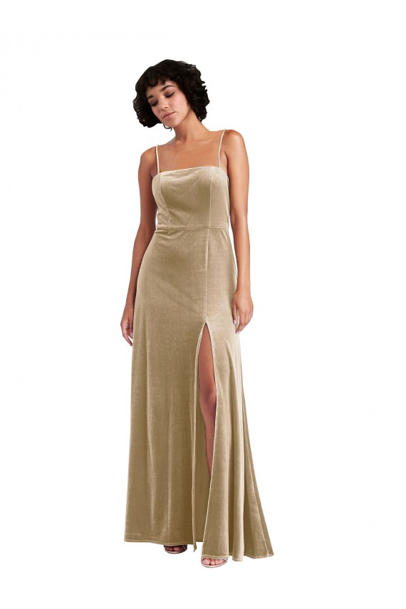 Wholesale Low Back Champagne A-Line Square Neck Long Prom Dress Canada