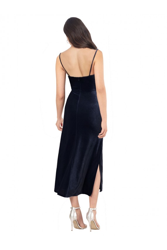 Wholesale Low Back Dark Navy Column Cowl Neck Midi Length Prom Dress Canada