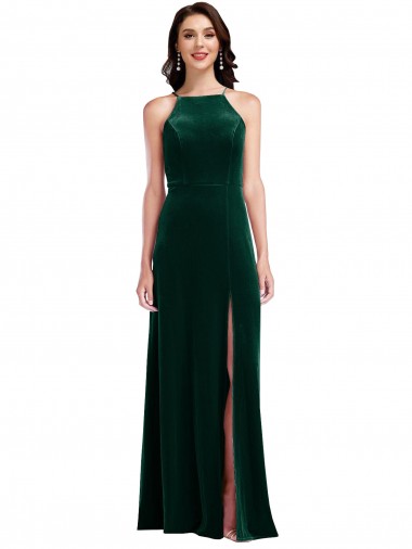 Wholesale Dark Green A-Line High Neck Long Prom Dress Canada