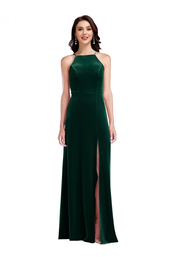 Wholesale Dark Green A-Line High Neck Long Prom Dress Canada