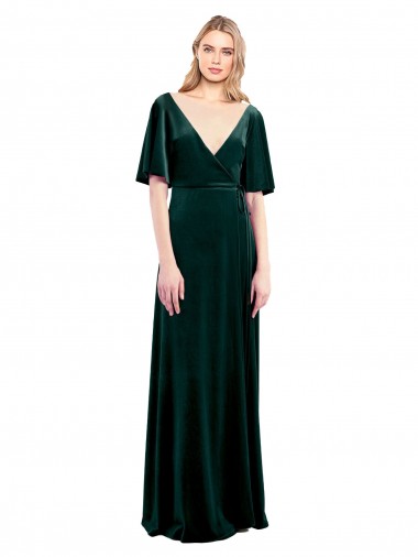 Wholesale Dark Green A-Line V-Neck Long Stretch Velvet Prom Dress Canada