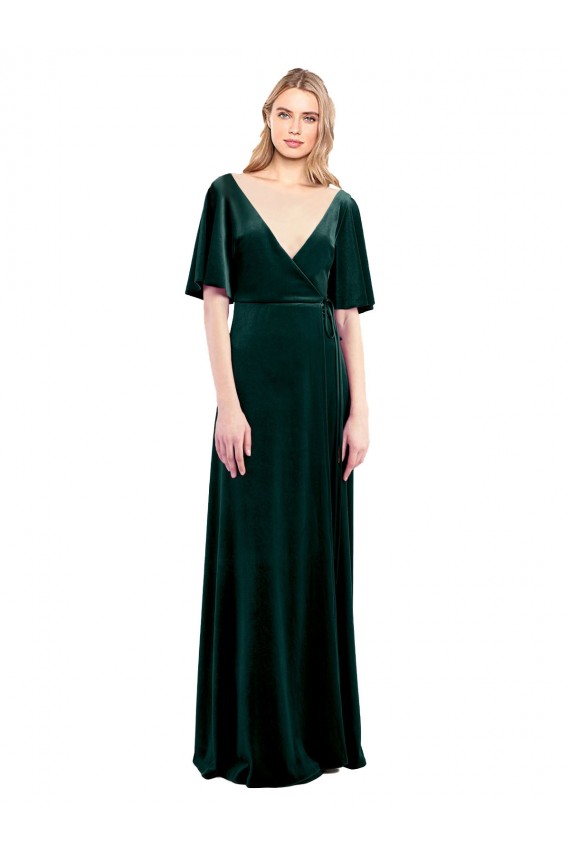 Wholesale Dark Green A-Line V-Neck Long Stretch Velvet Prom Dress Canada