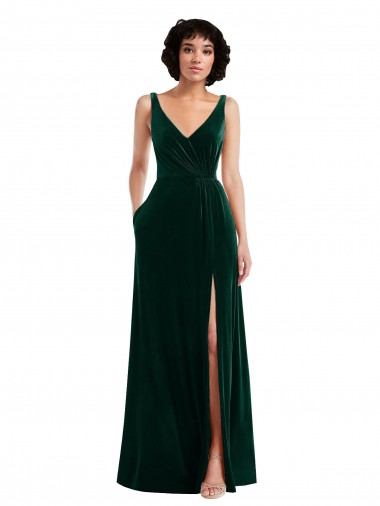 Wholesale Dark Green A-Line V-Neck Long Stretch Velvet Evening Prom Dress Canada
