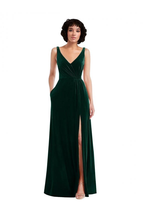 Wholesale Dark Green A-Line V-Neck Long Stretch Velvet Evening Prom Dress Canada