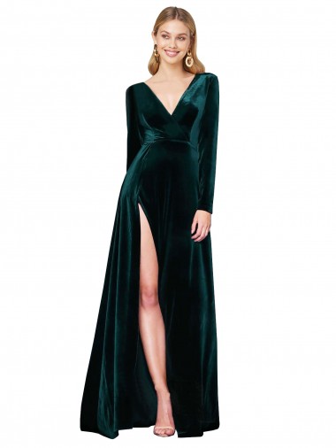 Wholesale Dark Green A-Line V-Neck Sweep Train Black Tie Prom Dress Canada