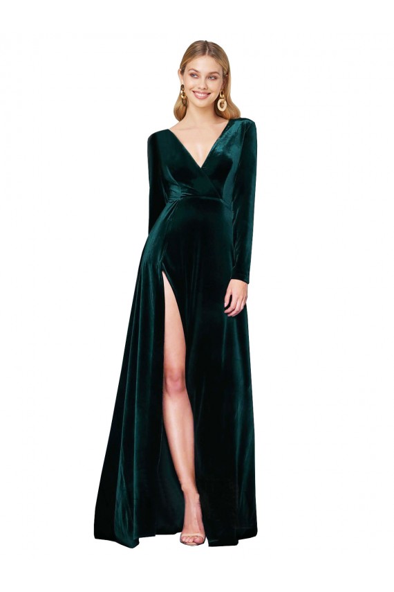 Wholesale Dark Green A-Line V-Neck Sweep Train Black Tie Prom Dress Canada
