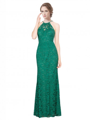 Wholesale Low Back Dark Green Mermaid High Neck Long Prom Dress Canada