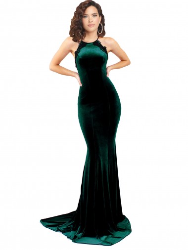 Wholesale Open Back Dark Green Mermaid High Neck Sweep Train Prom Dress Canada