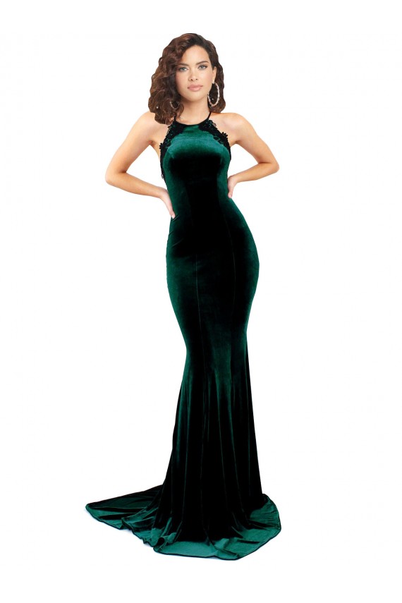 Wholesale Open Back Dark Green Mermaid High Neck Sweep Train Prom Dress Canada