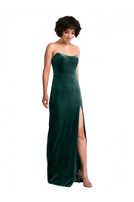 Wholesale Low Back Dark Green Sheath Strapless Long Black Tie Prom Dress Canada
