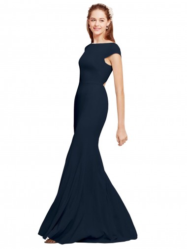 Wholesale Open Back Dark Navy A-Line Boat Neck Long Prom Dress Canada