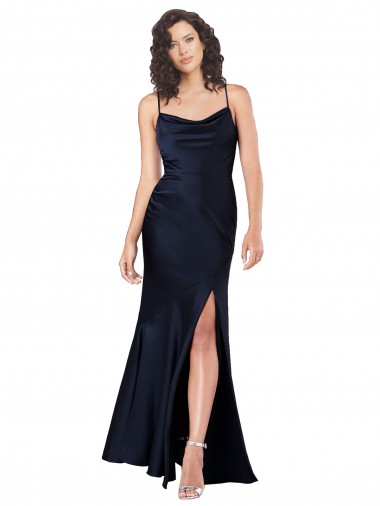 Wholesale Dark Navy A-Line Cowl Neck Long Black Tie Prom Dress Canada