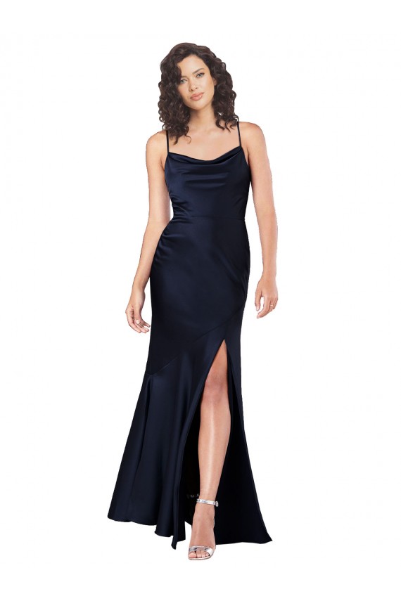 Wholesale Dark Navy A-Line Cowl Neck Long Black Tie Prom Dress Canada