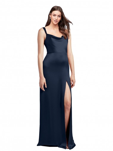 Wholesale Low Back Dark Navy A-Line Cowl Neck Long Prom Dress Canada