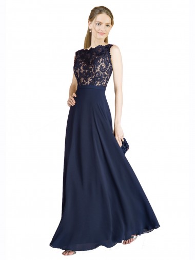Wholesale V-Back Dark Navy A-Line Illusion Neck Long Prom Dress Canada
