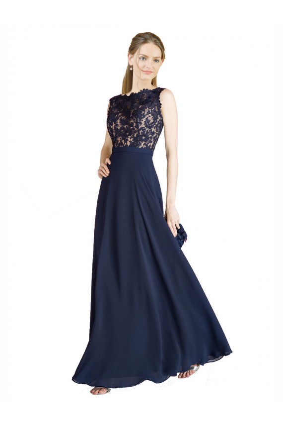 Wholesale V-Back Dark Navy A-Line Illusion Neck Long Prom Dress Canada