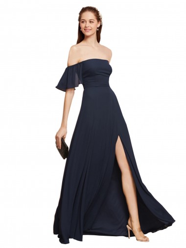 Wholesale Dark Navy A-Line Off the Shoulder Long Prom Dress Canada