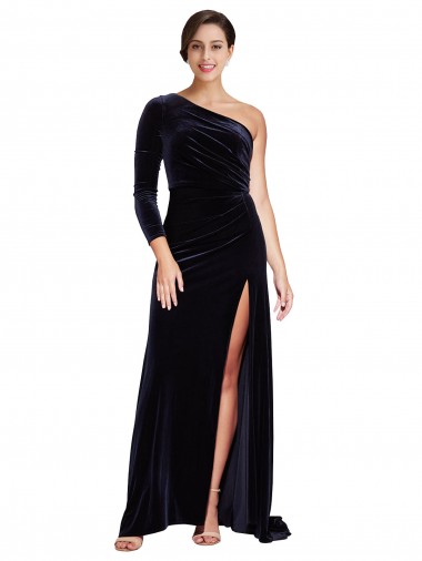 Wholesale Dark Navy A-Line One Shoulder Sweep Train Prom Dress Canada