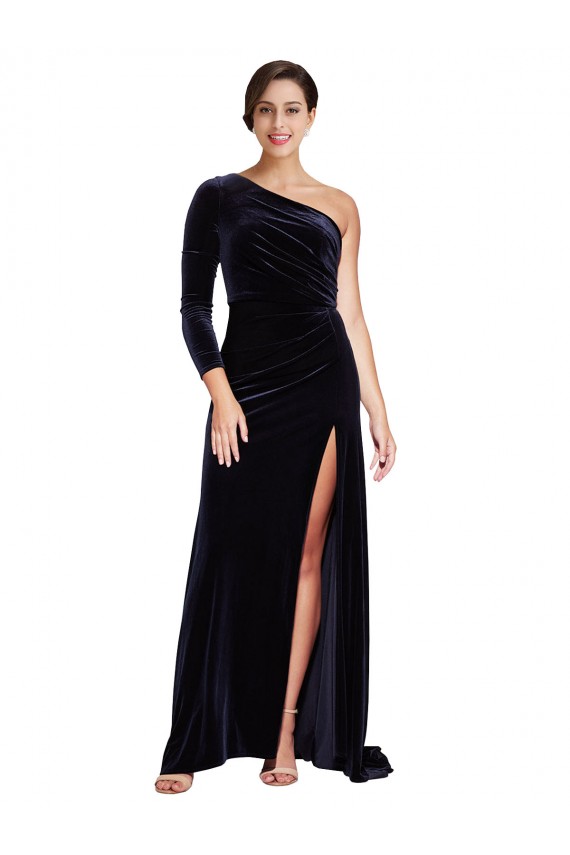 Wholesale Dark Navy A-Line One Shoulder Sweep Train Prom Dress Canada