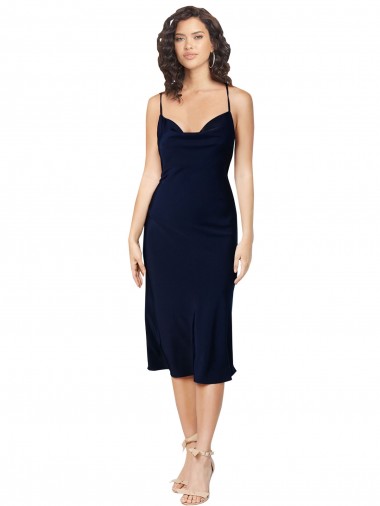 Wholesale Open Back Dark Navy A-Line Cowl Neck Midi Length Prom Dress Canada