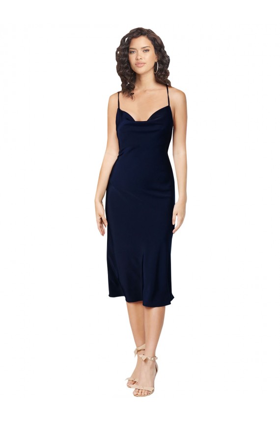 Wholesale Open Back Dark Navy A-Line Cowl Neck Midi Length Prom Dress Canada