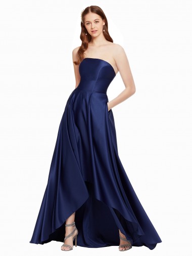 Wholesale Low Back Dark Navy A-Line Strapless Long High Low Prom Dress Canada