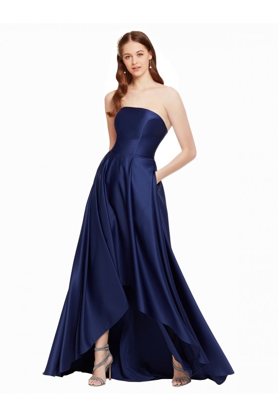 Wholesale Low Back Dark Navy A-Line Strapless Long High Low Prom Dress Canada
