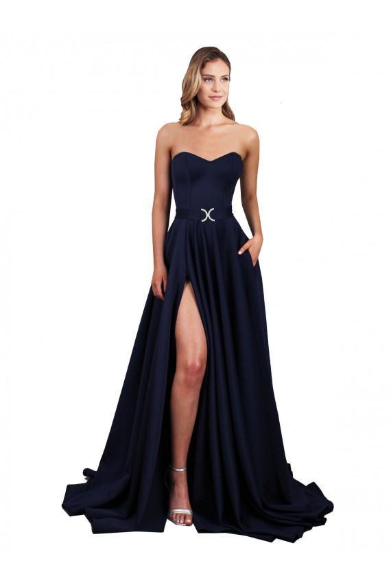 Wholesale Low Back Dark Navy A-Line High Neck Long Prom Dress Canada