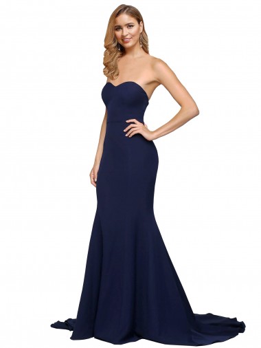 Wholesale Low Back Dark Navy A-Line Sweetheart Sweep Train Prom Dress Canada