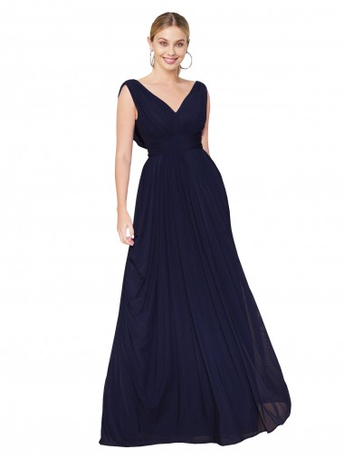 Wholesale Dark Navy A-Line V-Neck Long Soft Chiffon Prom Dress Canada