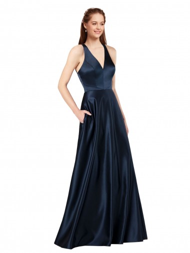 Wholesale Keyhole Back Dark Navy A-Line V-Neck Long Prom Dress Canada
