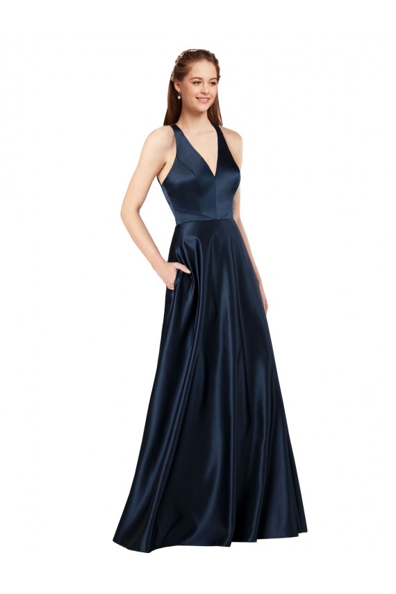 Wholesale Keyhole Back Dark Navy A-Line V-Neck Long Prom Dress Canada