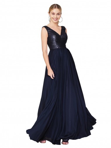 Wholesale Dark Navy A-Line V-Neck Long Soft Chiffon & Sequin Prom Dress Canada