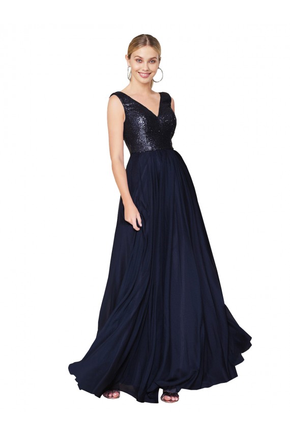 Wholesale Dark Navy A-Line V-Neck Long Soft Chiffon & Sequin Prom Dress Canada