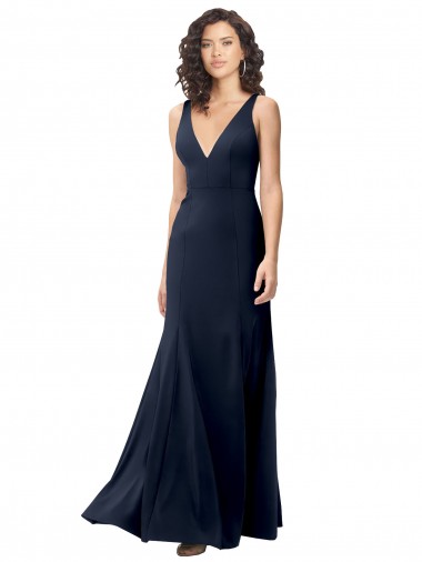 Wholesale V-Back Dark Navy A-Line High Neck Long Prom Dress Canada