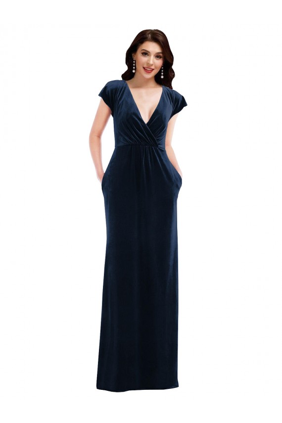 Wholesale Dark Navy A-Line V-Neck Long Prom Dress Canada