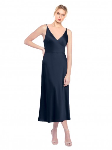 Wholesale V-Back Dark Navy A-Line V-Neck Sleeveless Midi Length Prom Dress Canada