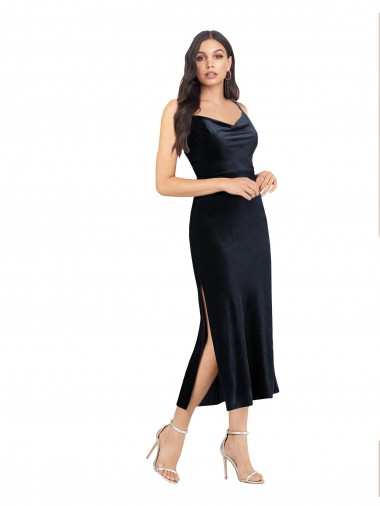 Wholesale Low Back Dark Navy Column Cowl Neck Midi Length Prom Dress Canada
