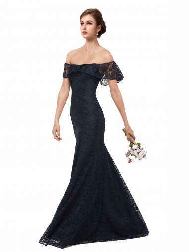 Wholesale Dark Navy Mermaid Off the Shoulder Flutter Sleeves Long Prom Dress Canada
