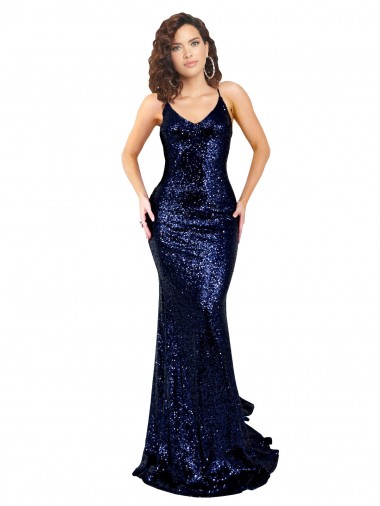 Wholesale Open Back Dark Navy Mermaid V-Neck Long Prom Dress Canada
