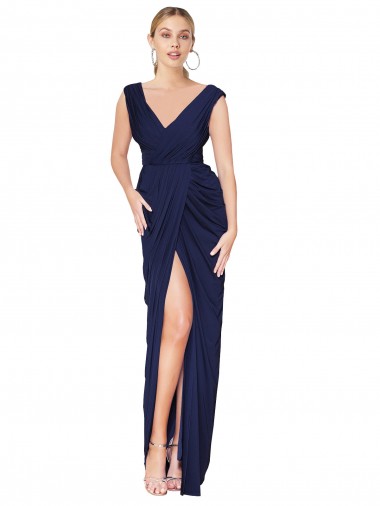 Wholesale Dark Navy Mermaid V-Neck Long Soft Chiffon Prom Dress Canada