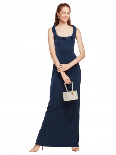 Wholesale Dark Navy Sheath Scoop Neck Long Stretch Crepe Prom Dress Canada