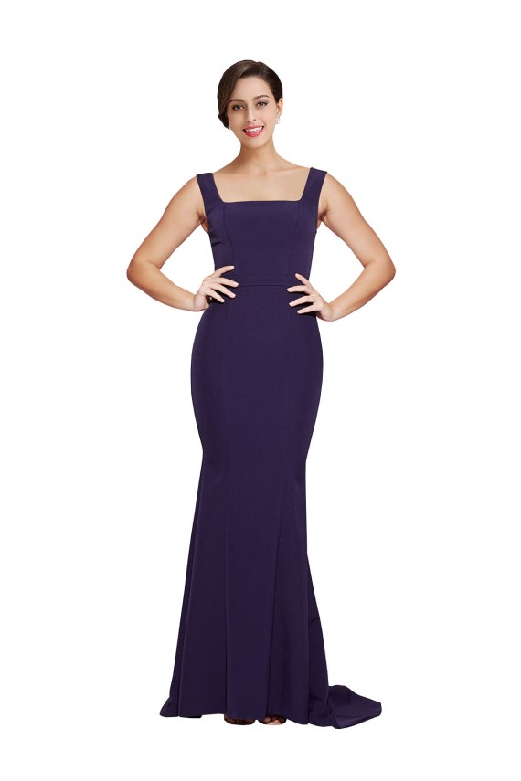 Wholesale Dark Navy Sheath Square Neck Sweep Train Prom Dress Canada
