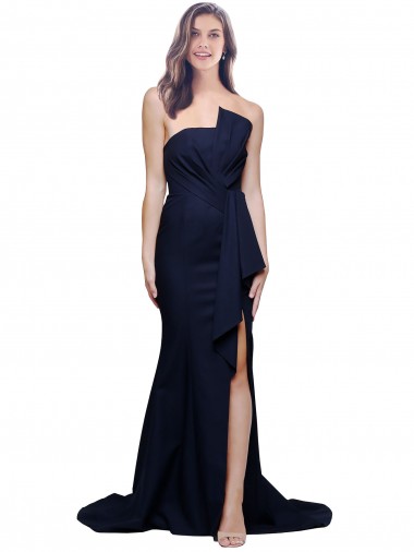 Wholesale Low Back Dark Navy Sheath Strapless Sweep Train Prom Dress Canada