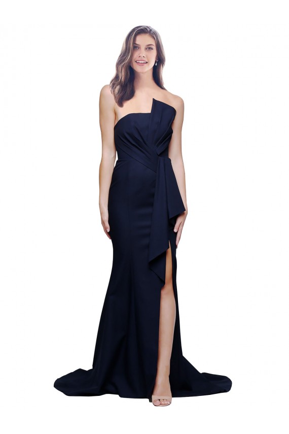 Wholesale Low Back Dark Navy Sheath Strapless Sweep Train Prom Dress Canada