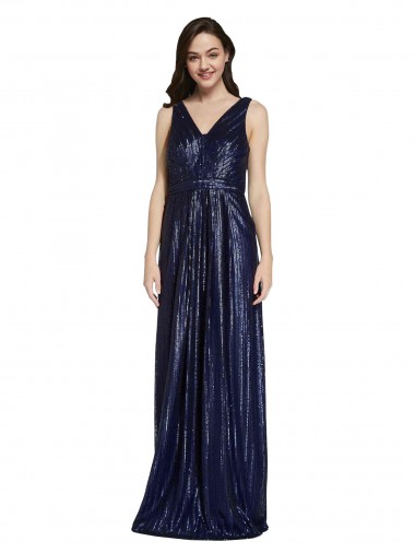 Wholesale V-Back Dark Navy Sheath V-Neck Long Prom Dress Canada