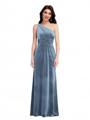 Wholesale Dusty Blue A-Line Off the Shoulder Long Stretch Velvet Prom Dress Canada